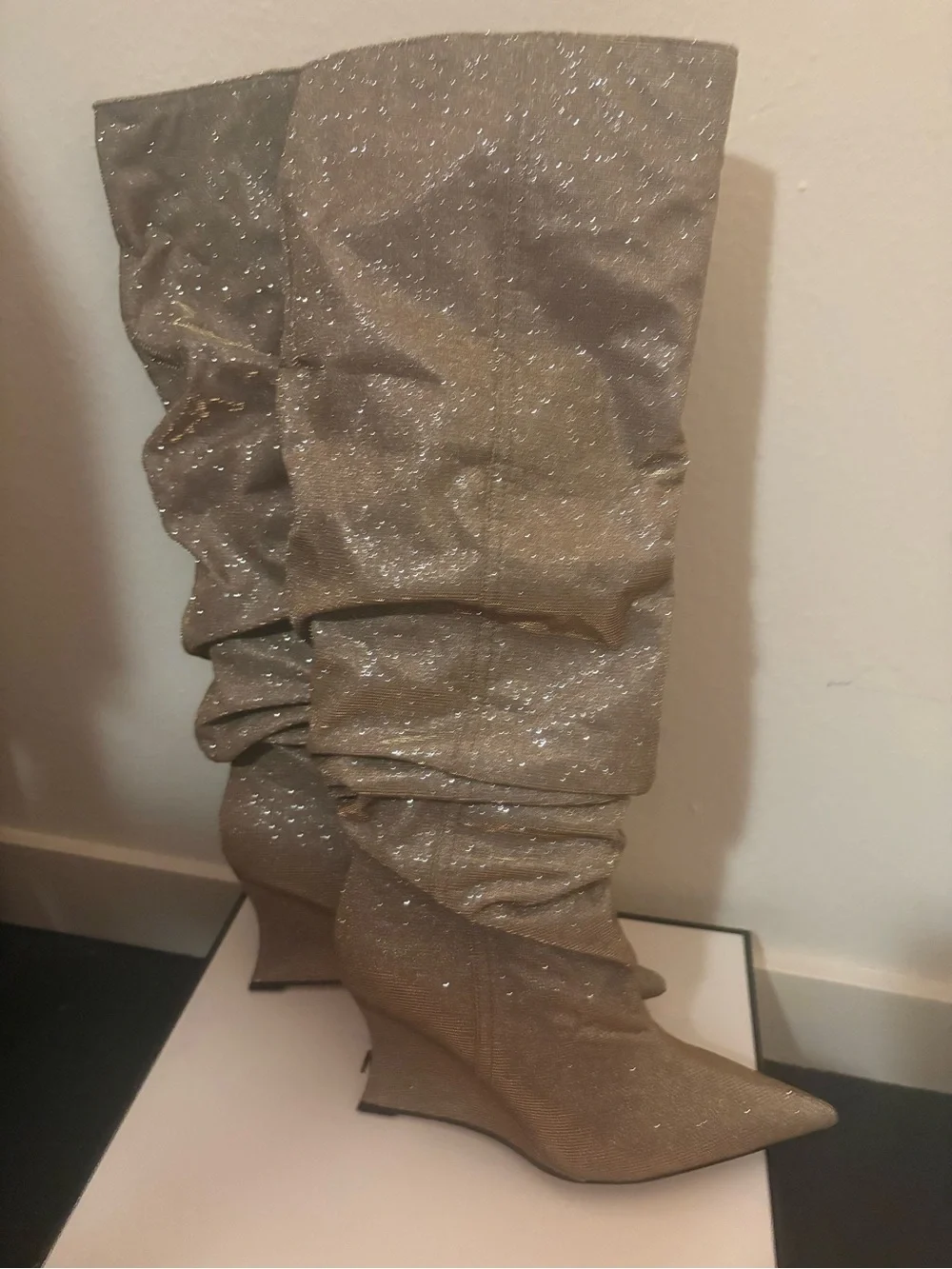 NEW Steve Madden gold Distortion knee-high slouch wedge boots